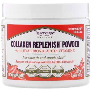 Колаген з гіалуроновою кислотою і вітаміном C ReserveAge Nutrition (Collagen Replenish Powder) 101 г зі смаком полуничний гібіскус
