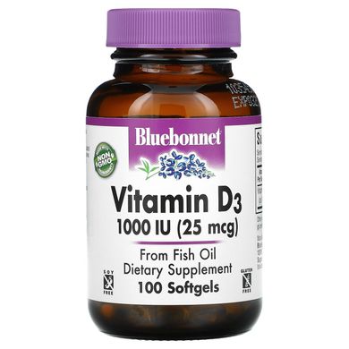 Вітамін Д3, Vitamin D3, Bluebonnet Nutrition, 1000 МО, 100 желатинових капсул
