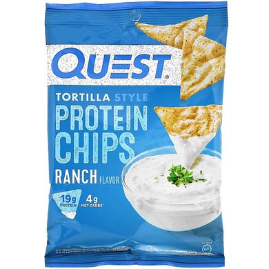 Протеїнові чіпси в стилі тортильї, ранчо, Tortilla Style Protein Chips, Ranch, Quest Nutrition, 12 пакетиків по 1,1 унції (32 г) кожен