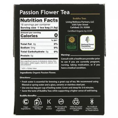 Buddha Teas, Органический травяной чай, цветок страсти, 18 чайных пакетиков, 0,95 унции (27 г) купить в Киеве и Украине