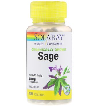 Шавлія, Organically Grown Sage Leaf, Solaray, 285 мг, 100 рослинних капсул