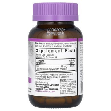 Chelated Iron, Bluebonnet Nutrition, 18 mg, 90 capsules in vegetable shell.