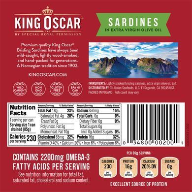 King Oscar, сардины дикого улова в нерафинированном оливковом масле высшего качества, два слоя рыбы, 12&ndash;22 шт., 106 г (3,75 унции) купить в Киеве и Украине