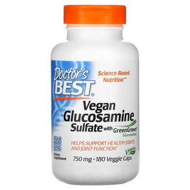 Веганські глюкозамін сульфат, отриманий з глюкозаміну GreenGrown, Vegan Glucosamine Sulfate, Joint Support, Doctor's Best, 750 мг, 180 вегетаріанських капсул