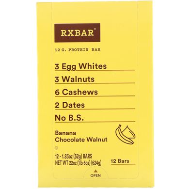 Протеїновий батончик, банан, шоколад та волоський горіх, RXBAR, 12 батончиків, 52 г кожен