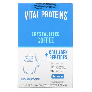 Кристалізована кава з пептидами колагену без добавок Vital Proteins (Crystallized Coffee + Collagen Peptides Unflavored) 7 пакетиків по 9 г
