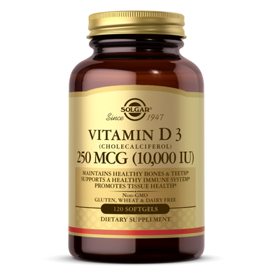 Натуральний вітамін Д3 Solgar (Vitamin D3) 250 мкг 10000 МО 120 гелевих капсул