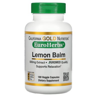 Екстракт лимонного бальзаму меліса California Gold Nutrition (Lemon Balm Extract EuroHerbs European Quality) 500 мг 180 вегетаріанських капсул