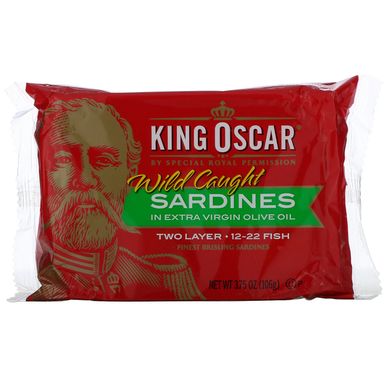 King Oscar, сардини дикого улову в нерафінованій оливковій олії вищої якості, два шари риби, 12-22 шт., 106 г (3,75 унції)