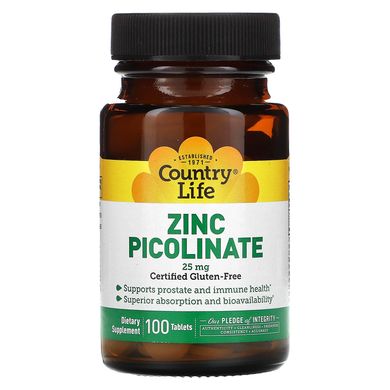 Цинк піколинат Country Life (Zinc Picolinate) 25 мг 100 таблеток