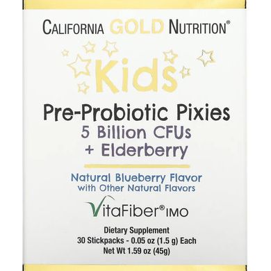 Детские пребиотики и пробиотики со вкусом бузины и черники California Gold Nutrition (Kids Pre-Probiotic Pixies 5 Billion CFUs + Elderberry Natural Blueberry Flavor) 30 пакетиков по 1,5 г купить в Киеве и Украине