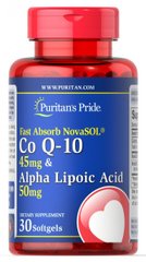 Швидко вбираючий NovaSOL® Coq10 і альфа-ліпоєва кислота, Fast Absorb NovaSOL® Co Q-10,Alpha Lipoic Acid, Puritan's Pride, 50 мг / 45 мг, 30 капсул