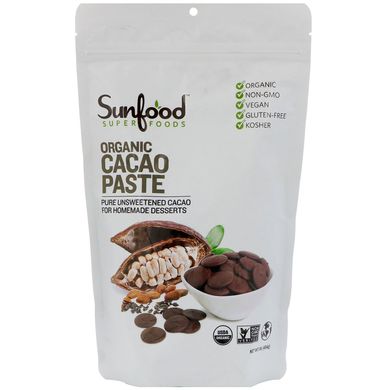Сира органічна какао-паста, Sunfood, 1 фунт (454 г)