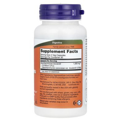 Сахароміцети Буларді Now Foods (Saccharomyces Boulardii) 60 рослинних капсул