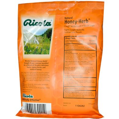Льодяники від кашлю і болю в горлі мед і трави Ricola (Throat Drops) 110 г 24 шт.