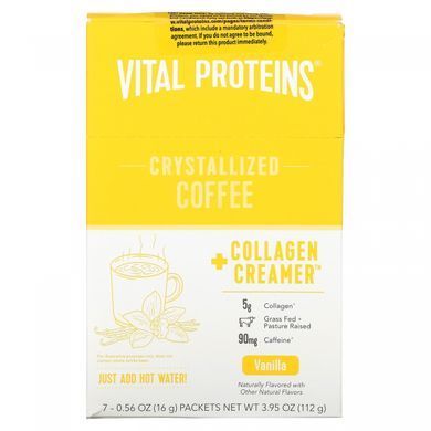Vital Proteins, Кристалізована кава + вершки з колагеном, ваніль, 7 пакетів по 0,56 унції (16 г) кожен