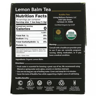 Buddha Teas, Органический травяной чай, лимонный бальзам, 18 чайных пакетиков, 0,83 унции (24 г) купить в Киеве и Украине