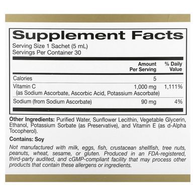 Ліпосомальний рідкий вітамін С без смаку California Gold Nutrition (Liposomal Liquid Vitamin C Unflavored) 1000 мг 30 пакетиків по 5 мл