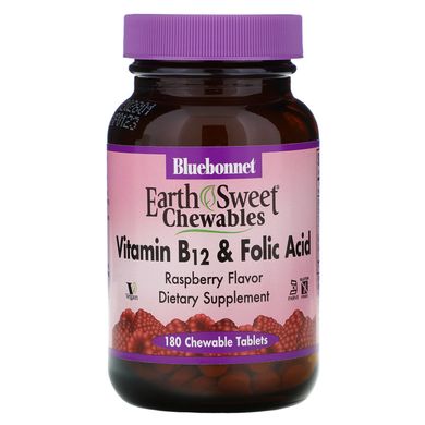 EarthSweet, вітамін B-12 і фолієва кислота, натуральний малиновий ароматизатор, Bluebonnet Nutrition, 180 жувальних таблеток