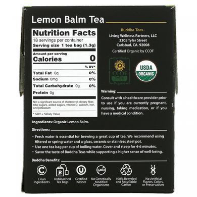 Buddha Teas, Органический травяной чай, лимонный бальзам, 18 чайных пакетиков, 0,83 унции (24 г) купить в Киеве и Украине