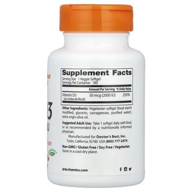 Doctor's Best, Vitamin D3, 50 mcg (2,000 IU), 180 Veggie Softgels