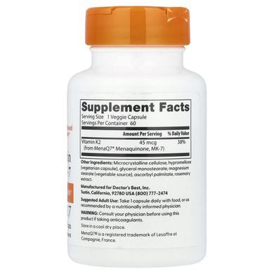 Doctor's Best Natural Vitamin K2 MK-7 with MenaQ7 45 mcg 60 Vegetarian Capsules