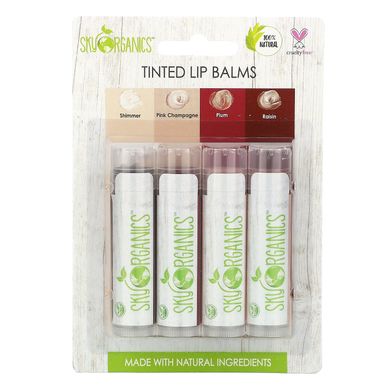 Тонированные бальзамы для губ, Tinted Lip Balms, Sky Organics, 4 упаковки по 0,15 унции (4,25 г) каждая купить в Киеве и Украине