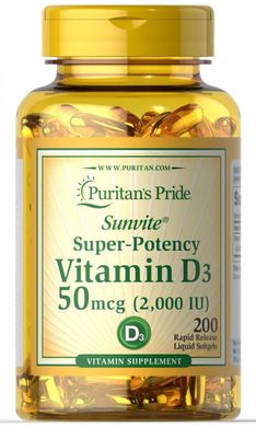 Вітамін Д3, Vitamin D3, Puritan's Pride, 50 мкг, 2000 МО, 200 капсул