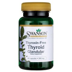 Щитовидна залоза (без тироксину), Thyroid Glandular (Thyroxin-Free), Swanson, 200 мг, 60 капсул