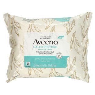 Aveeno, Calm + Restore, nourishing makeup removal wipes, fragrance-free, 25 wipes.