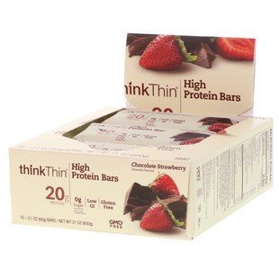 Батончики з високим вмістом білка, шоколад і полуниця, ThinkThin, 10 батончиків, 2,1 унції (60 г) кожен