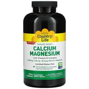 Calcium-Magnesium Complex with Vitamin D Country Life (Calcium Magnesium with Vitamin D Complex) 360 capsules.