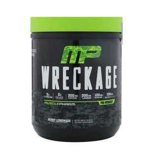 Pre-workout formula (Wreckage) 350 g with raspberry lemonade flavor.