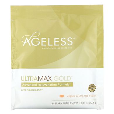 UltraMax Gold, покращена формула омолодження з альфатрофіном, зі смаком валенсийского апельсина, Ageless Foundation Laboratories, 22 пакетика, 13,5 унції (17,4 г) кожен