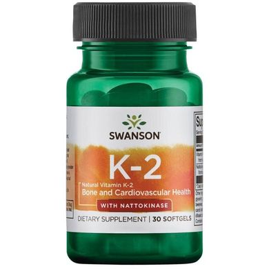 Вітамін К2-Натуральний з наттокіназой, Vitamin K2 -Natural with Nattokinase, Swanson, 30 капсул