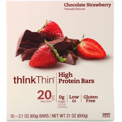 Батончики з високим вмістом білка, шоколад і полуниця, ThinkThin, 10 батончиків, 2,1 унції (60 г) кожен