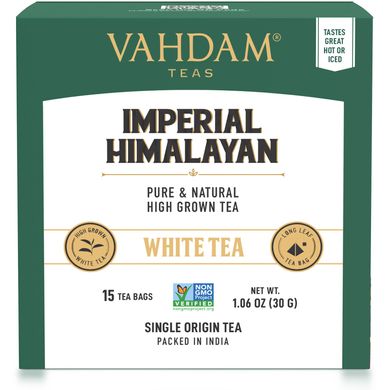 Білий чай, величний гімалайський, Vahdam Teas, 15 чайних пакетиків, 30 г (1,06 унції)