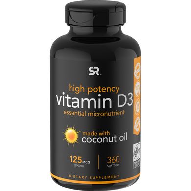 Вітамін Д3 з кокосовим маслом Sports Research (Vitamin D3) 125 мкг 5000 МО 360 гелевих капсул