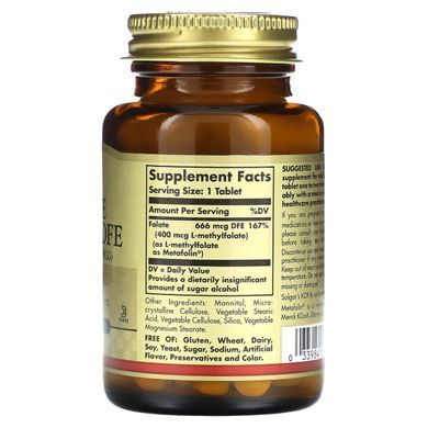 Folic Acid Metafolin Solgar (Folate DFE) 666 mcg 100 tablets
