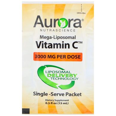 Ліпосомальний вітамін С, Mega-Liposomal Vitamin C, Aurora Nutrascience, 3000 мг, 32 порційних пакетика з рідиною, 0,5 р унц (15 мл) кожен