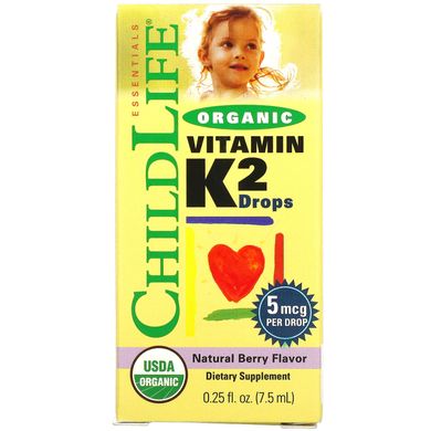 Органические капли витамина K2, натуральный ягодный вкус, ChildLife, 2, натуральный ягодный вкус, 0,406 унций (12 мл) купить в Киеве и Украине