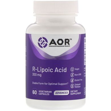 Висока доза, R-ліпоєва кислота, Advanced Orthomolecular Research AOR, 300 мг, 60 вегетаріанських капсул