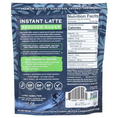Laird Superfood, Instant Latte, Coffee + Creamer + Adaptogens, Reduced Sugar, 8 oz (227 g)