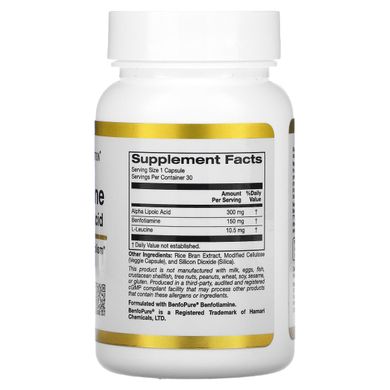 Бенфотіамін та альфа-ліпоєва кислота California Gold Nutrition (Benfotiamine + Alpha Lipoic Acid) 30 вегетаріанських капсул