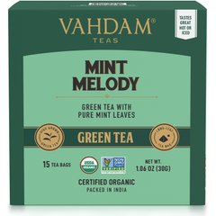 Зелений чай, мелодія м'яти, Vahdam Teas, 15 чайних пакетиків, 30 г (1,06 унції)