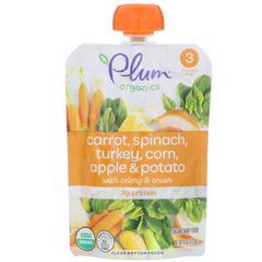 Органічне дитяче харчування, етап 3, морква, шпинат, індичка, кукурудза, яблуко і картопля, Plum Organics, 4 унції (113 г)