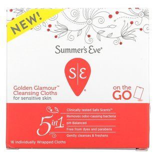 Summer's Eve, Очищающие салфетки 5 в 1 Golden Glamour, для использования в дороге, 16 салфеток в индивидуальной упаковке купить в Киеве и Украине
