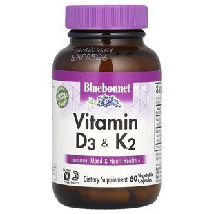 Витамины Д3 и K2 Bluebonnet Nutrition (Vitamins D3 & K2) 60 вегетарианских капсул купить в Киеве и Украине