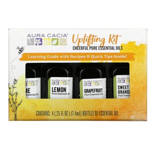 Aura Cacia, Набор для бодрости, жизнерадостные чистые эфирные масла, 4 бутылки по 0,25 жидких унций (7,4 мл) каждая купить в Киеве и Украине