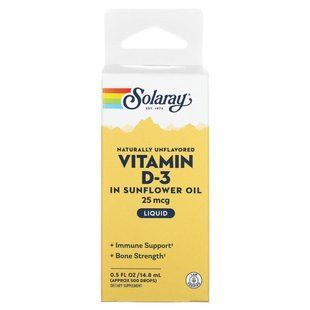 Solaray, Vitamin D-3 In Sunflower Oil, Naturally Unflavored, 25 mcg, 0.5 fl oz (14.8 ml) купить в Киеве и Украине